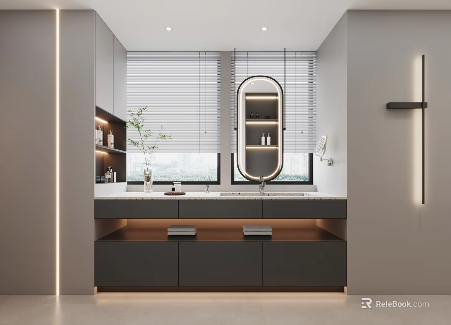 Modern Bathroom Vanity With Oval Lighted Mirror Window Blinds Lighting Strips And Potted Plant 3d model 