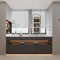 Modern Bathroom Vanity With Oval Lighted Mirror Window Blinds Lighting Strips And Potted Plant