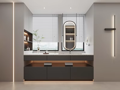 Modern Bathroom Vanity With Oval Lighted Mirror Window Blinds Lighting Strips And Potted Plant 3d model