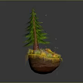 Cartoon Scene With Green Pine Tree Yellow Grass Stones Small Flowers And Floating Particles