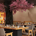 Japanese Restaurant Interior Design With Koi Fish Wave Mural Lanterns And Wooden Tables