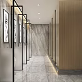 Modern Public Restroom Interior With Wooden Walls Marble Sinks Mirrors And Clean Lighting