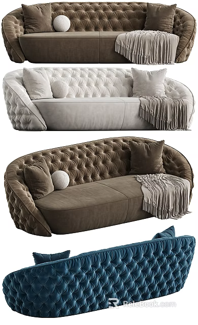 Light Gray And Brown Tufted Double Sofa With Throw Pillows And Tassel Blanket 3d model 