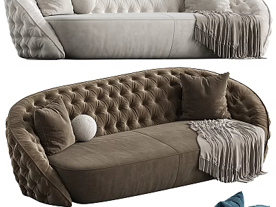 Light Gray And Brown Tufted Double Sofa With Throw Pillows And Tassel Blanket 3d model