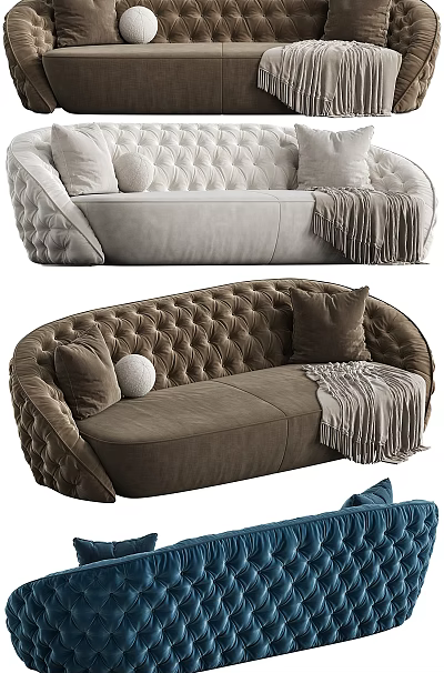 Light Gray And Brown Tufted Double Sofa With Throw Pillows And Tassel Blanket 3d model