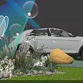 White SUV Car On Green Lawn With Crossed Blue Light Beams And Ornaments