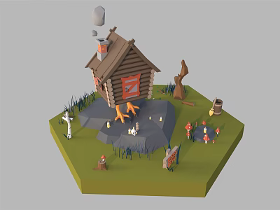 Cartoon Log Cabin Scene With Smoking Chimney Green Grass Small Characters And Wooden Stump 3d model