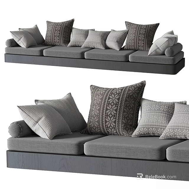 Gray Upholstered Sectional Sofa with Patterned and Plain Decorative Cushions 3d model 