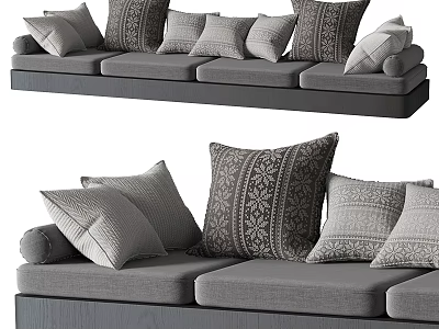 Gray Upholstered Sectional Sofa with Patterned and Plain Decorative Cushions 3d model