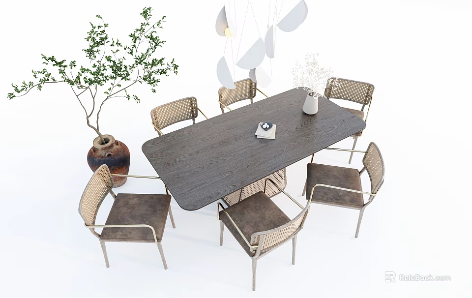 Modern Wooden Dining Table Set With Six Rattan Chairs And Green Plant Decor 3d model 
