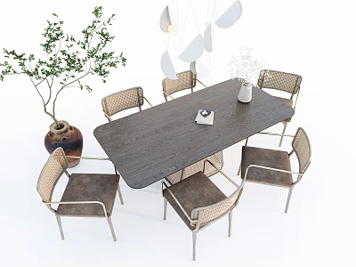 Modern Wooden Dining Table Set With Six Rattan Chairs And Green Plant Decor 3d model