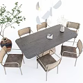 Modern Wooden Dining Table Set With Six Rattan Chairs And Green Plant Decor
