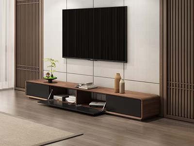 Modern Wooden TV Stand With Black Accent Living Room Decorative Plants Books And Vases 3d model