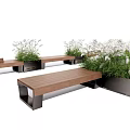 Outdoor Landscape Seats Wooden Benches With Potted White Flower Plants For Garden Park Decoration