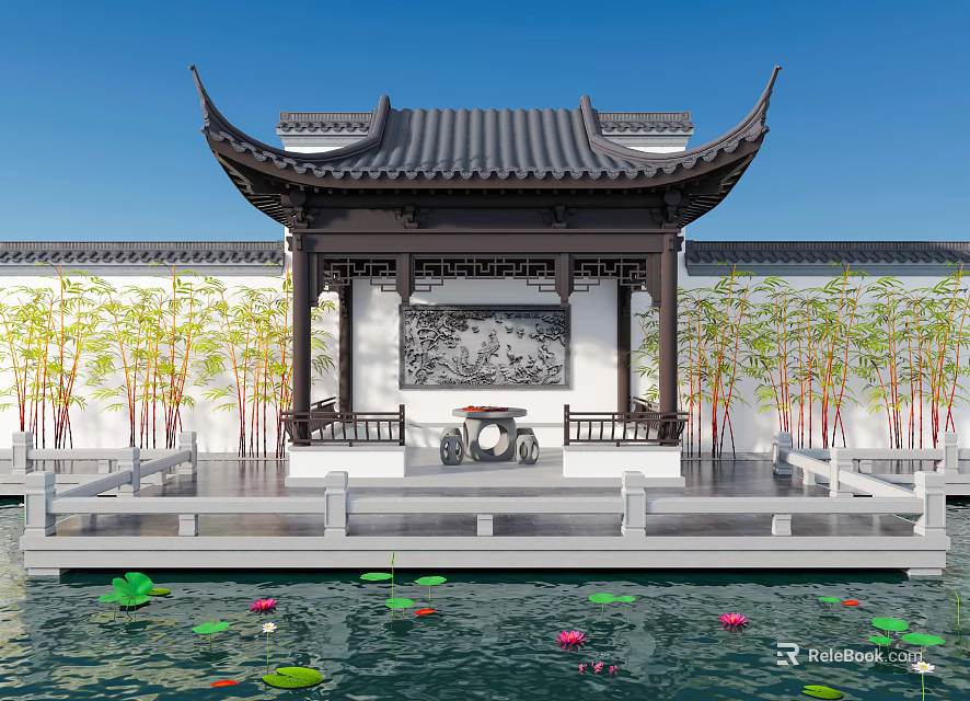 Traditional Chinese Scenic Pavilion With Curved Roof Over Serene Lotus Pond And Bamboo Grove 3d model 