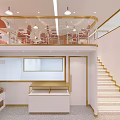 Elegant Dessert Shop Interior With Circular Pastry Display Counter Golden Chandeliers And White Shelves