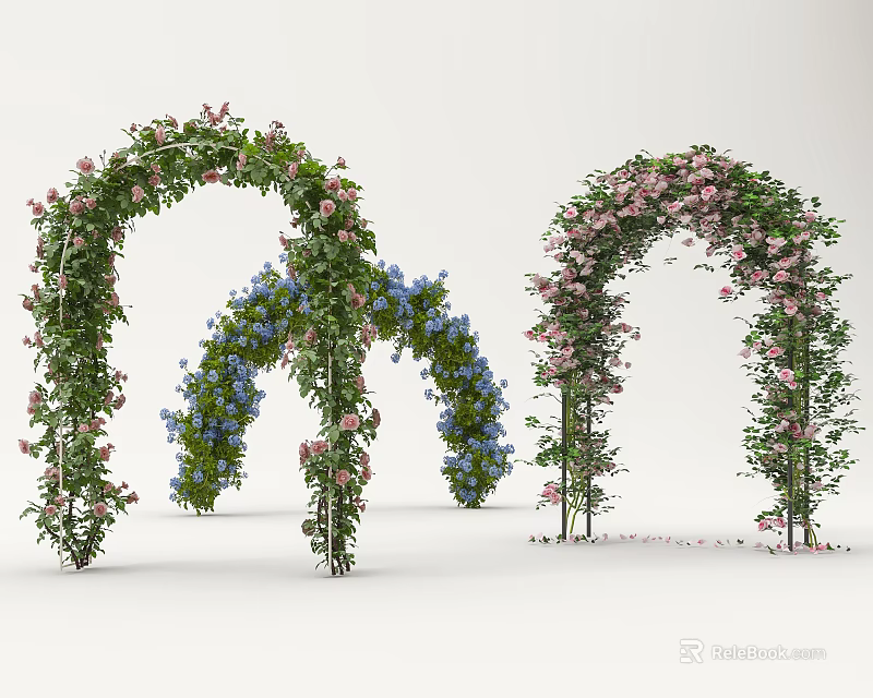 Arched Arbors Adorned With Pink Blue Flowers And Green Vines 3d model 