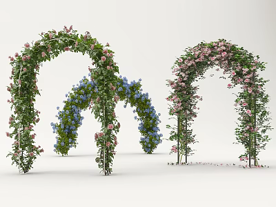 Arched Arbors Adorned With Pink Blue Flowers And Green Vines 3d model