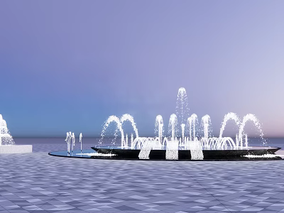 Fountain With Arcing Water Jets Illuminated Under Evening Sky On Paved Square 3d model