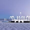 Fountain With Arcing Water Jets Illuminated Under Evening Sky On Paved Square