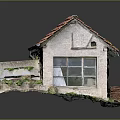 Cartoon Style Dilapidated Cottage With Red Tile Roof Broken Windows Weeds And Moss