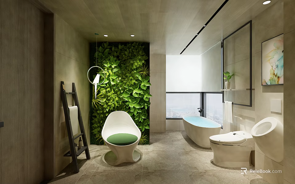 Bright Modern Bathroom With Lush Green Plant Wall And Cozy Lounge Chair And Freestanding Bathtub 3d model 