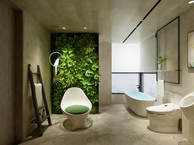 Bright Modern Bathroom With Lush Green Plant Wall And Cozy Lounge Chair And Freestanding Bathtub 3d model