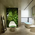 Bright Modern Bathroom With Lush Green Plant Wall And Cozy Lounge Chair And Freestanding Bathtub