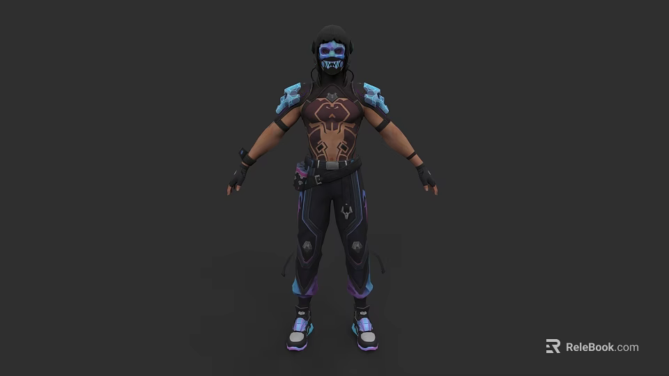 Game Movie Character 3D Model With Black Hair Blue Facial Markings Armored Outfit Purple Accents 3d model 