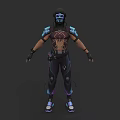 Game Movie Character 3D Model With Black Hair Blue Facial Markings Armored Outfit Purple Accents