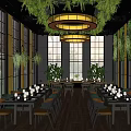 Elegant Restaurant Interior With Lush Green Ceiling Plants Yellow Circular Pendant Lights And Large Windows