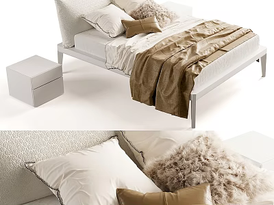 Modern Double Bed Interior with White Frame Nightstand Beige Blanket and Fuzzy Pillows 3d model