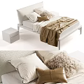 Modern Double Bed Interior with White Frame Nightstand Beige Blanket and Fuzzy Pillows