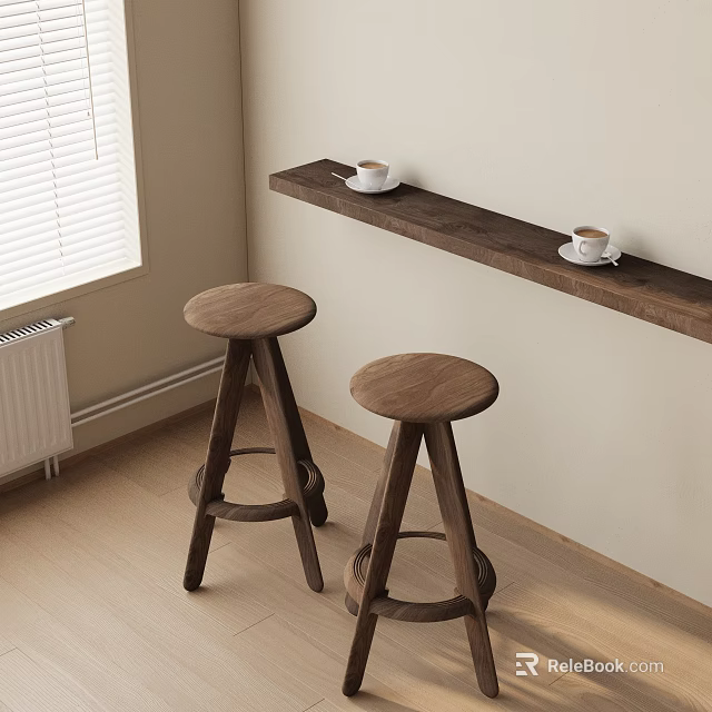 Wooden Bar Counter With Two Stools And Coffee Cups By Light Colored Wall 3d model 