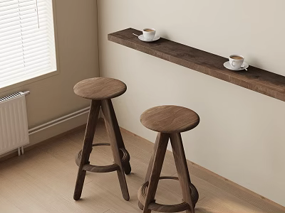 Wooden Bar Counter With Two Stools And Coffee Cups By Light Colored Wall 3d model