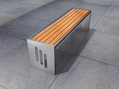 Modern Outdoor Bench With Wooden Seat And Metal Frame On Stone Floor 3d model