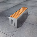 Modern Outdoor Bench With Wooden Seat And Metal Frame On Stone Floor