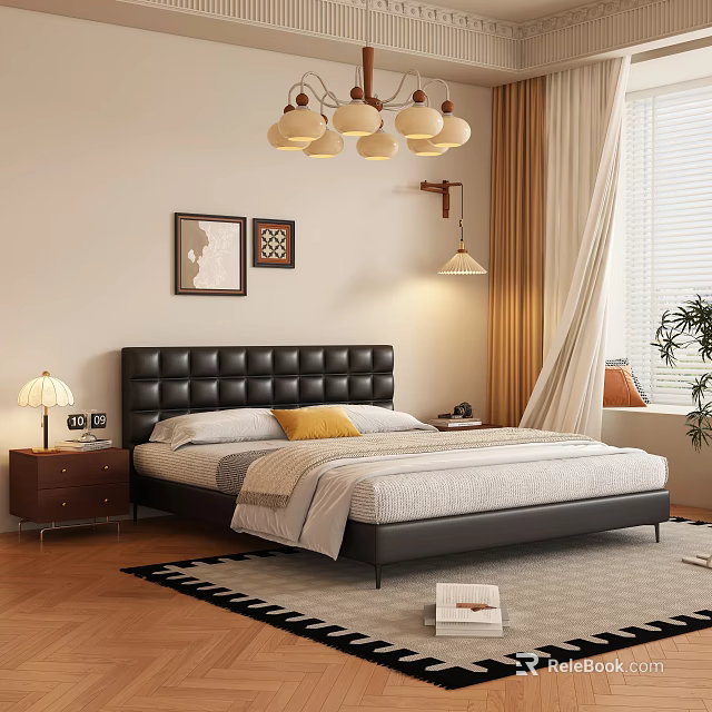 Bedroom Interior With Black Leather Headboard White Yellow Pillows Table Lamp Wall Paintings And Curtains 3d model 