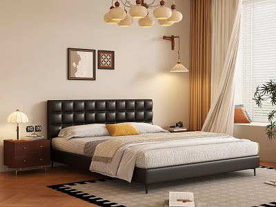 Bedroom Interior With Black Leather Headboard White Yellow Pillows Table Lamp Wall Paintings And Curtains 3d model
