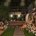 Natural Style Restaurant Interior With Green Plants Mushroom Decorations And Wooden Structure