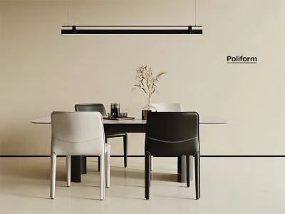 Modern Dining Table Set with White and Black Chairs Hanging Pendant Light and Decorative Vase 3d model