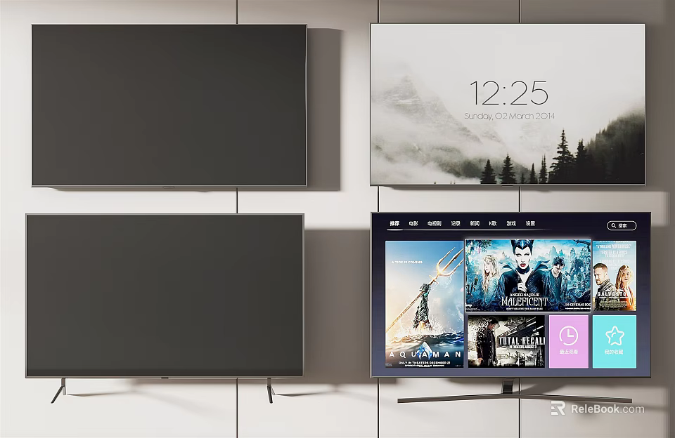Four Televisions Displaying 12 25 Time Scenic View And Movie Posters 3d model 