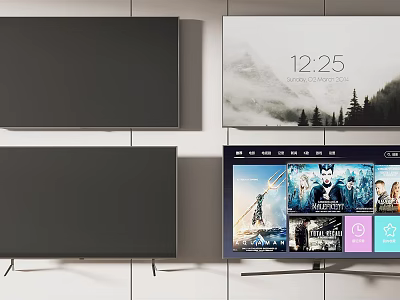 Four Televisions Displaying 12 25 Time Scenic View And Movie Posters 3d model