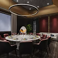 Elegant Modern Chinese Private Dining Room With Round Table Dark Chairs Wooden Walls And White Sofa