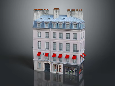 Light Pink Multi Storey Residential Building With Blue Roof Red Awnings And Ground Floor Shops 3d model