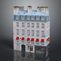 Light Pink Multi Storey Residential Building With Blue Roof Red Awnings And Ground Floor Shops