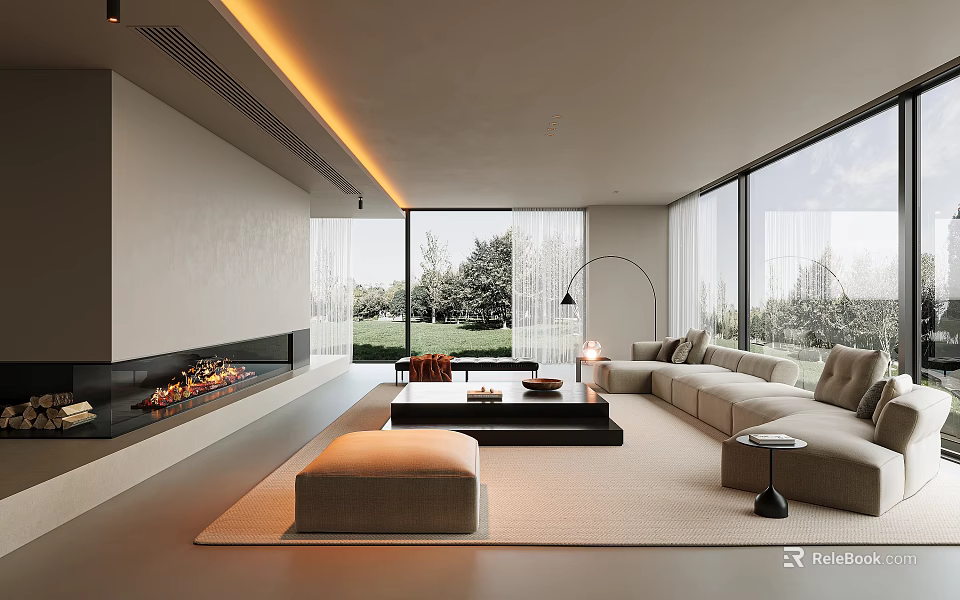 Modern Living Room With Fireplace Large Windows Green View L Shaped Sofa Coffee Table Ottoman 3d model 