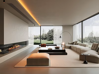 Modern Living Room With Fireplace Large Windows Green View L Shaped Sofa Coffee Table Ottoman 3d model