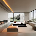 Modern Living Room With Fireplace Large Windows Green View L Shaped Sofa Coffee Table Ottoman