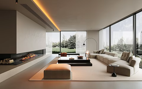 Modern living room sofa coffee table lounge chair TV background fireplace 3d model
